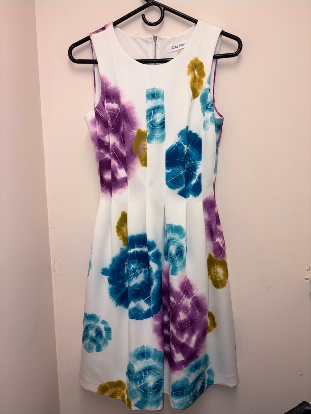 Calvin Klein White Floral Fit & Flare Dress with Teal, Purple & Mustard Blooms
